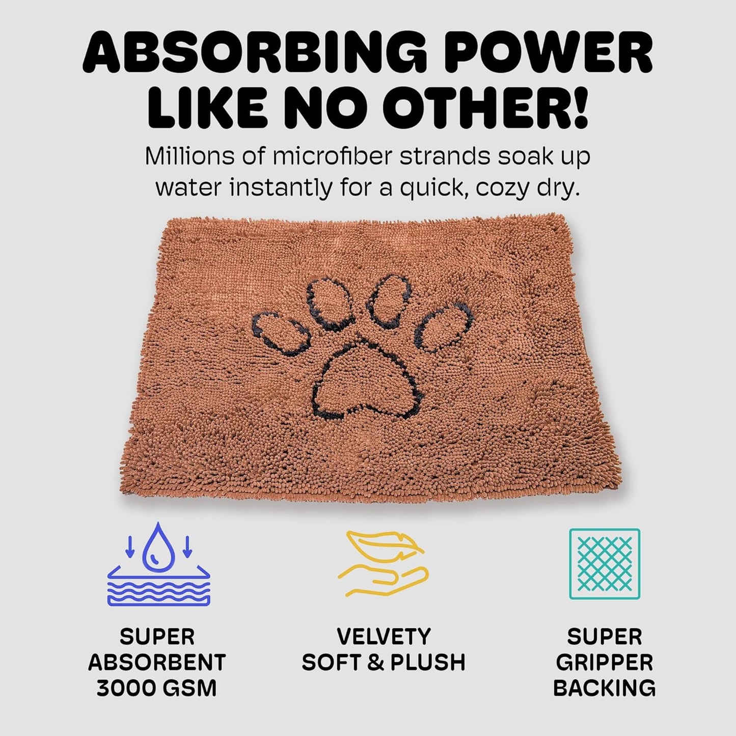 Dog Gone Smart Dirty Dog Doormat - Fast Drying Rug with Super Gripper Backing for Clean Floors - Super Absorbent and Machine Washable Mat for Muddy Paws - Brown