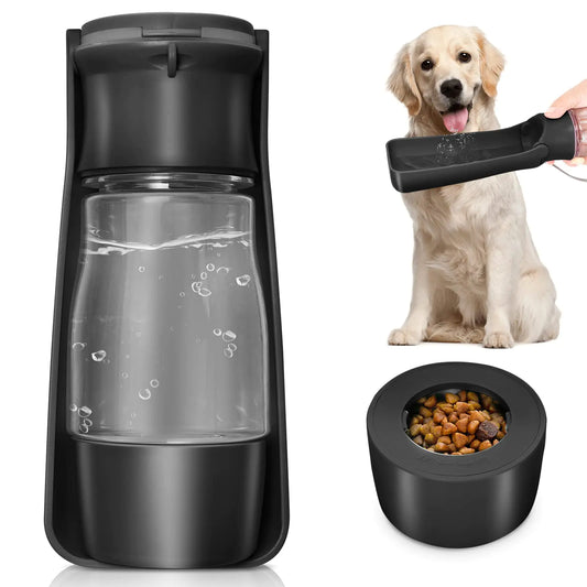 COMTENS Dog Water Bottle with Food Container - Collapsible Portable Dog Water Dispenser Leak Proof Puppy Drinking Cup Dog Travel Water Bowls Accessories for Pet Outdoor Walking Hiking (Black)