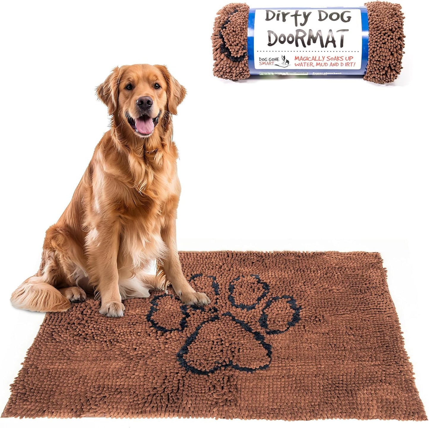 Dog Gone Smart Dirty Dog Doormat - Fast Drying Rug with Super Gripper Backing for Clean Floors - Super Absorbent and Machine Washable Mat for Muddy Paws - Brown