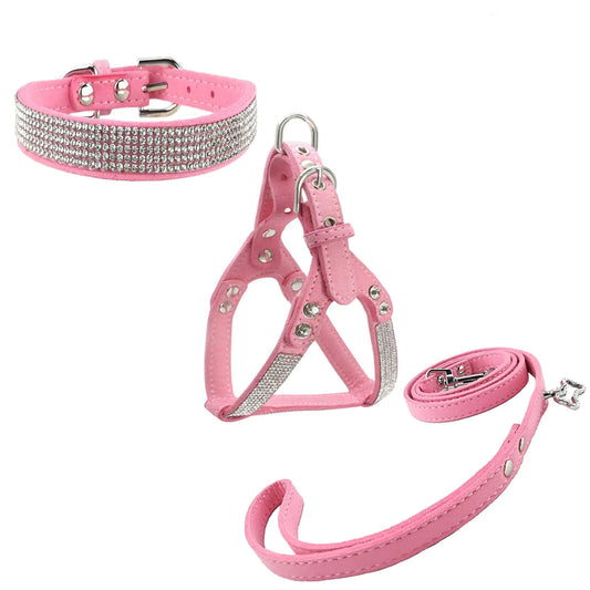 Newtensina Dog Collars & Harness & Lead Sets Fashion Dog Collar Diamante with Harness & Leashes Comfortable Soft Collar Harness and Leashes Set for Dog - Pink - S