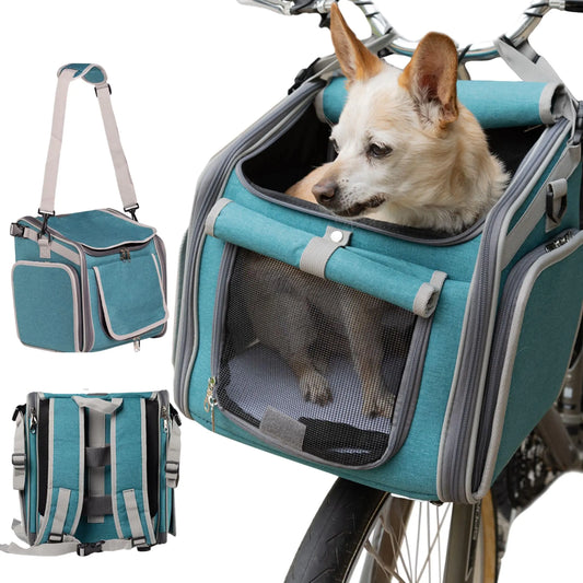 Dog Bike Basket Mesh Windows 2 Safety Leashes Soft Sided Safe Comfortable Pet Carrier for Small Dogs Cats (Blue)
