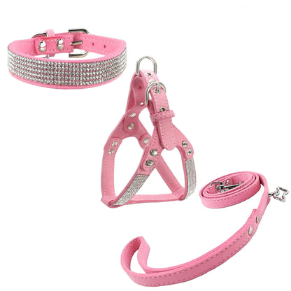 Newtensina Dog Collars & Harness & Lead Sets Fashion Dog Collar Diamante with Harness & Leashes Comfortable Soft Collar Harness and Leashes Set for Dog - Pink - S
