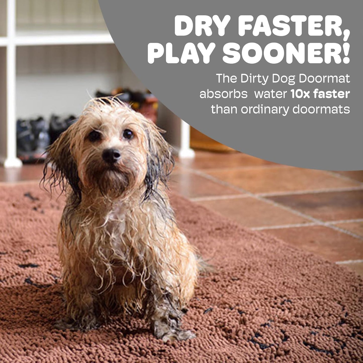 Dog Gone Smart Dirty Dog Doormat - Fast Drying Rug with Super Gripper Backing for Clean Floors - Super Absorbent and Machine Washable Mat for Muddy Paws - Brown