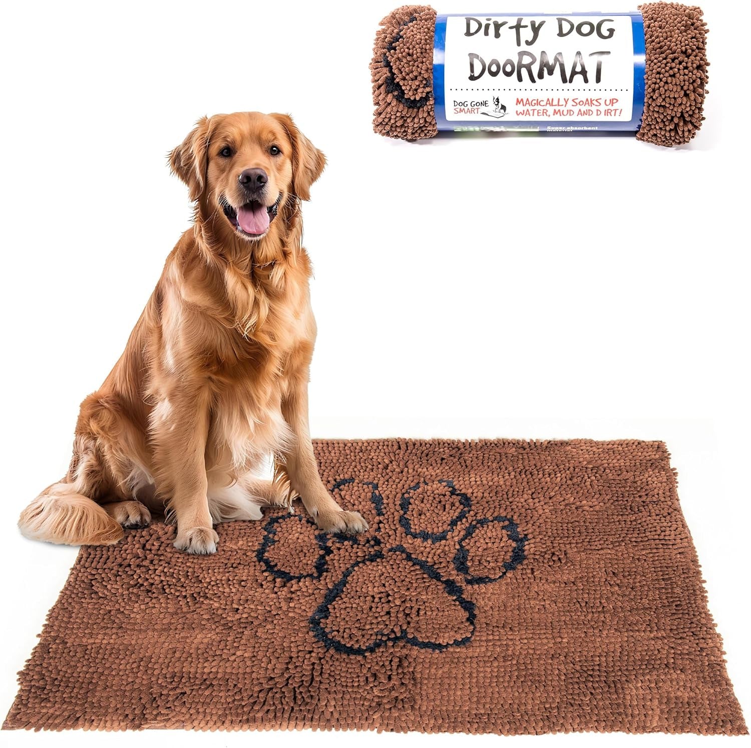 Dog Gone Smart Dirty Dog Doormat - Fast Drying Rug with Super Gripper Backing for Clean Floors - Super Absorbent and Machine Washable Mat for Muddy Paws - Brown