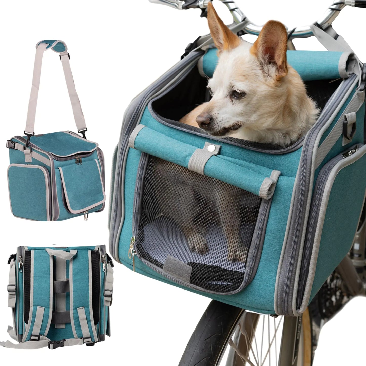 Dog Bike Basket Mesh Windows 2 Safety Leashes Soft Sided Safe Comfortable Pet Carrier for Small Dogs Cats (Blue)